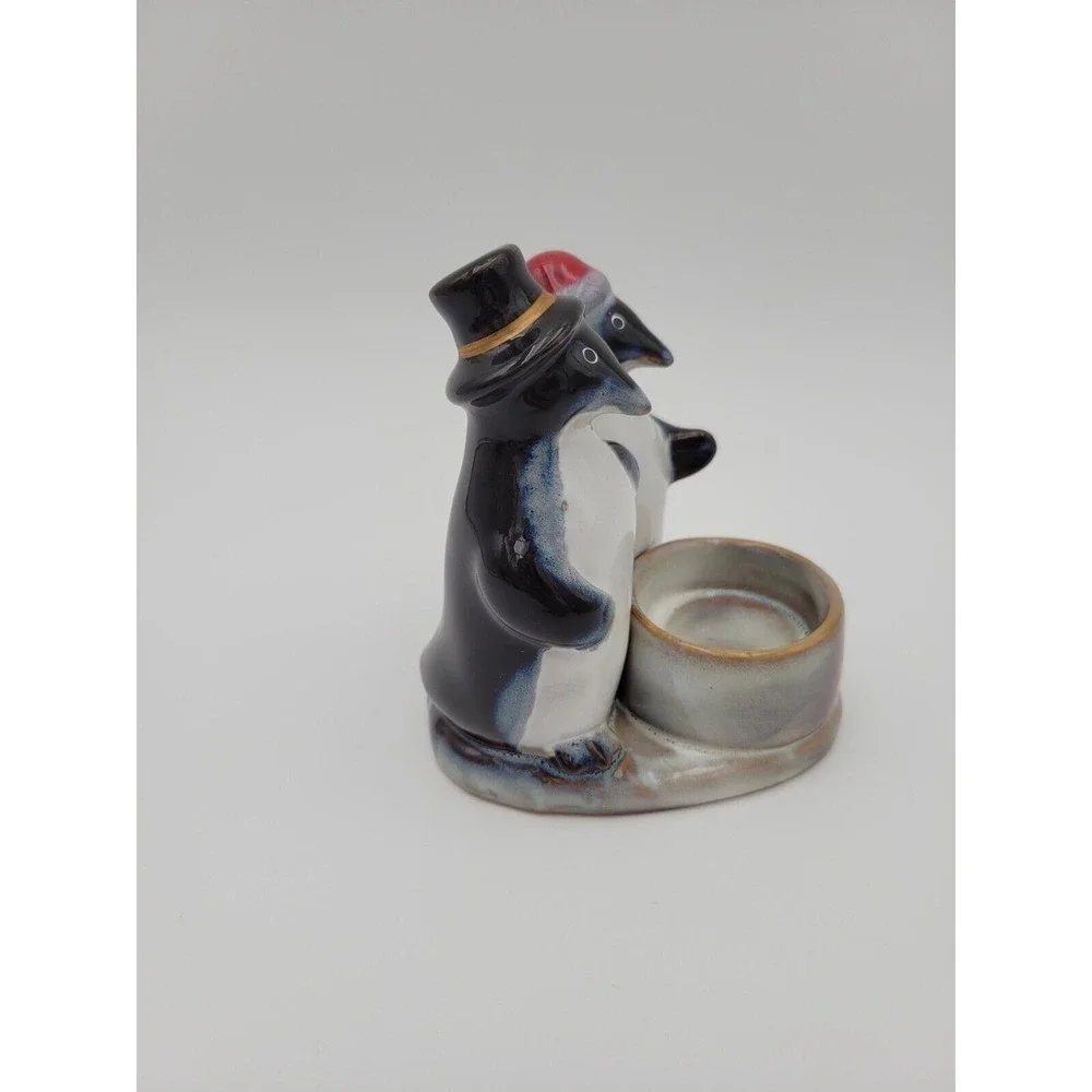 Christmas Penguins Couple Tealight candle Holder Top Hat Santa‎ Hat